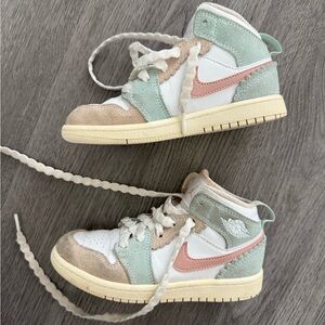 Jordan Kids High-Top Sneakers in White, Pink, and Green